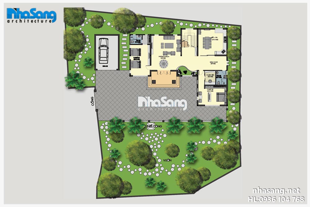 Mặt bằng tổng thể mẫu biệt thự nhà vườn đẹp 2 tầng mái thái